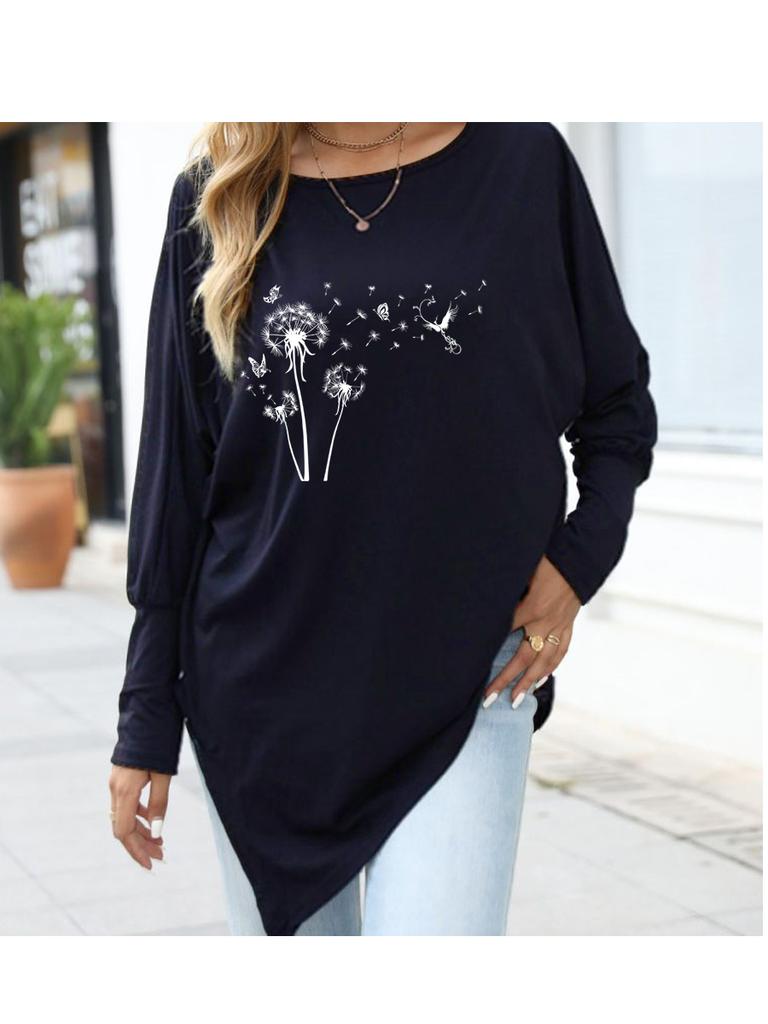 Female Fashion Printed Logn Sleeve Top Women's Oversize Long-Sleeve Spring/Fall Asymmetrical Hem T-Shirt