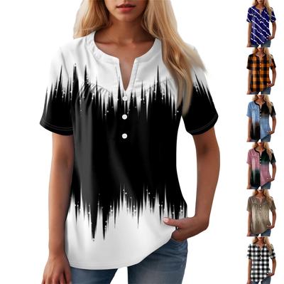 Women's Casual Floral Print V-Neck Short Sleeve Decorative Button T-Shirt Top