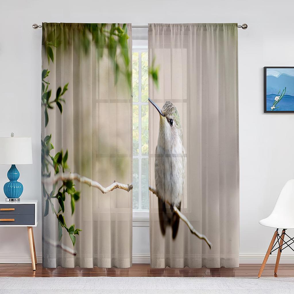 Cortina transparente de beija-flores e flores de primavera para sala de estar, quarto, decoração para casa, suprimentos para janelas, cortinas de tule de chiffon estampadas
