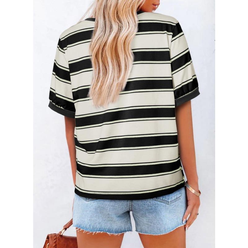 Womens Striped Contrast Color Loose Round Neck Short Sleeve Casual T Shirt