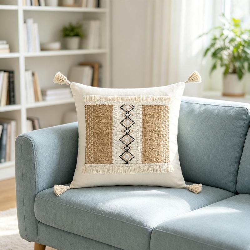 Tassels Throw Pillow Cover with Geometric Woven Texture, Neutral Farmhouse Cushion Cover for Living Room Bed Accent Decors