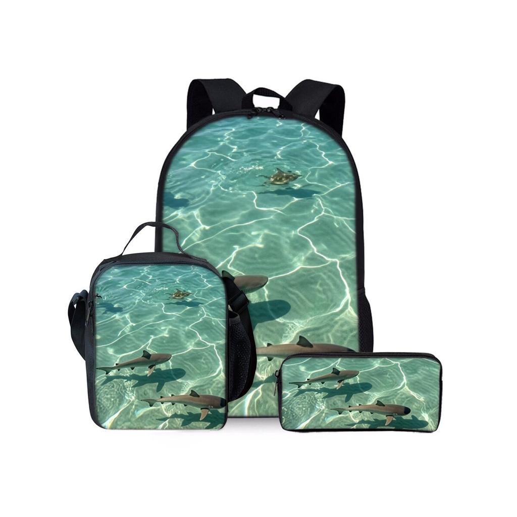 Hai Meeresmotiv Dreiteiliges Rucksäcke Set für Jungen und Mädchen Beste Geschenke 2D Flache Cartoon Schultasche für Kinder