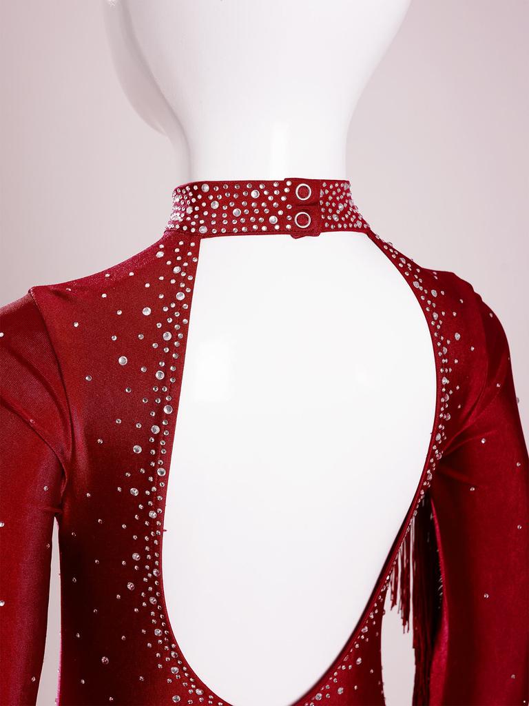 Girls Tassels Latin Dance Leotard Mock Neck Long Sleeve Cutout Back Sparkling Rhinestones Fringe Bodysuit