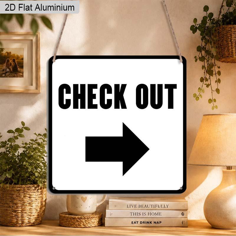 2D Flat 1pc White Square CHECK OUT Arrow Aluminum Hanging Plaque, Simple Minimalist Wall Mount Direction Plaque, Multipurpose Indicator Decor for 20*20cm