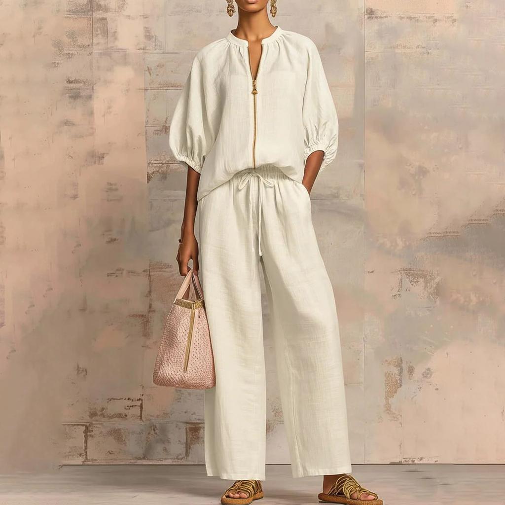 New Arrival Women's Casual Loose 2-Piece Set – Round Neck Zip-Up Top + Wide Leg Pants, Solid Color Loungewear Suit for Travel & Daily Wear