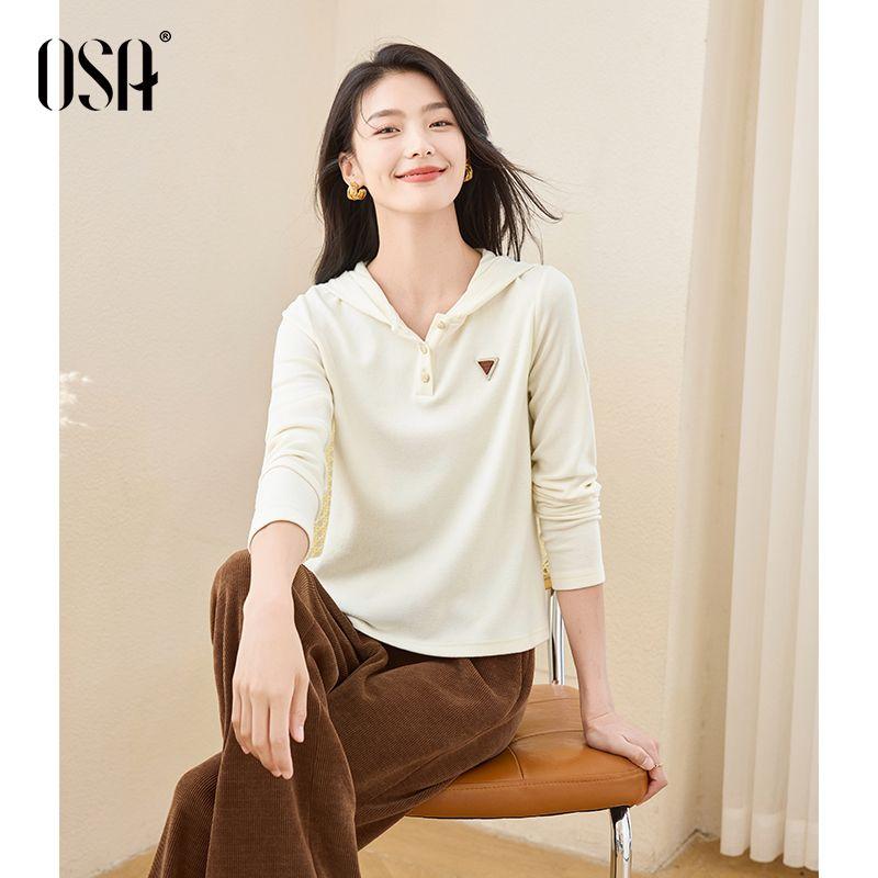 

OSA OSHA Casual Commuter V-neck Hooded Sweatshirt Early Spring Thin White Innerwear T-shirt Tops Female 2025 New Arrival