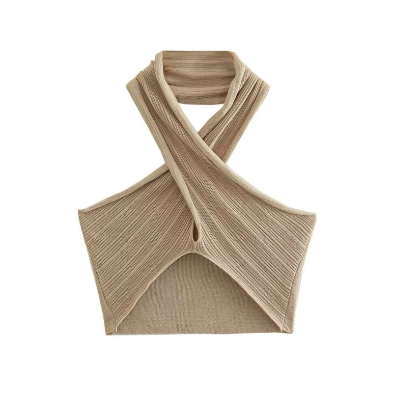 

2023 Amoi Женская одежда Экспорт Металлический цвет Линии Перекрестный дизайн Вязаные топы Платье миди Комплект Khakis Tops L