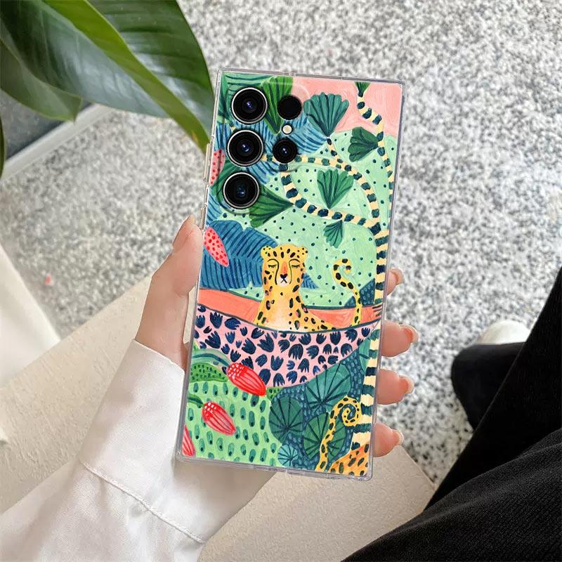 Tropical Jungle Print Leopard Sloth Rainforest Cat Phone Case For Samsung Galaxy S24 S23 Ultra S22 S20 Plus S21 FE Clear Fundas