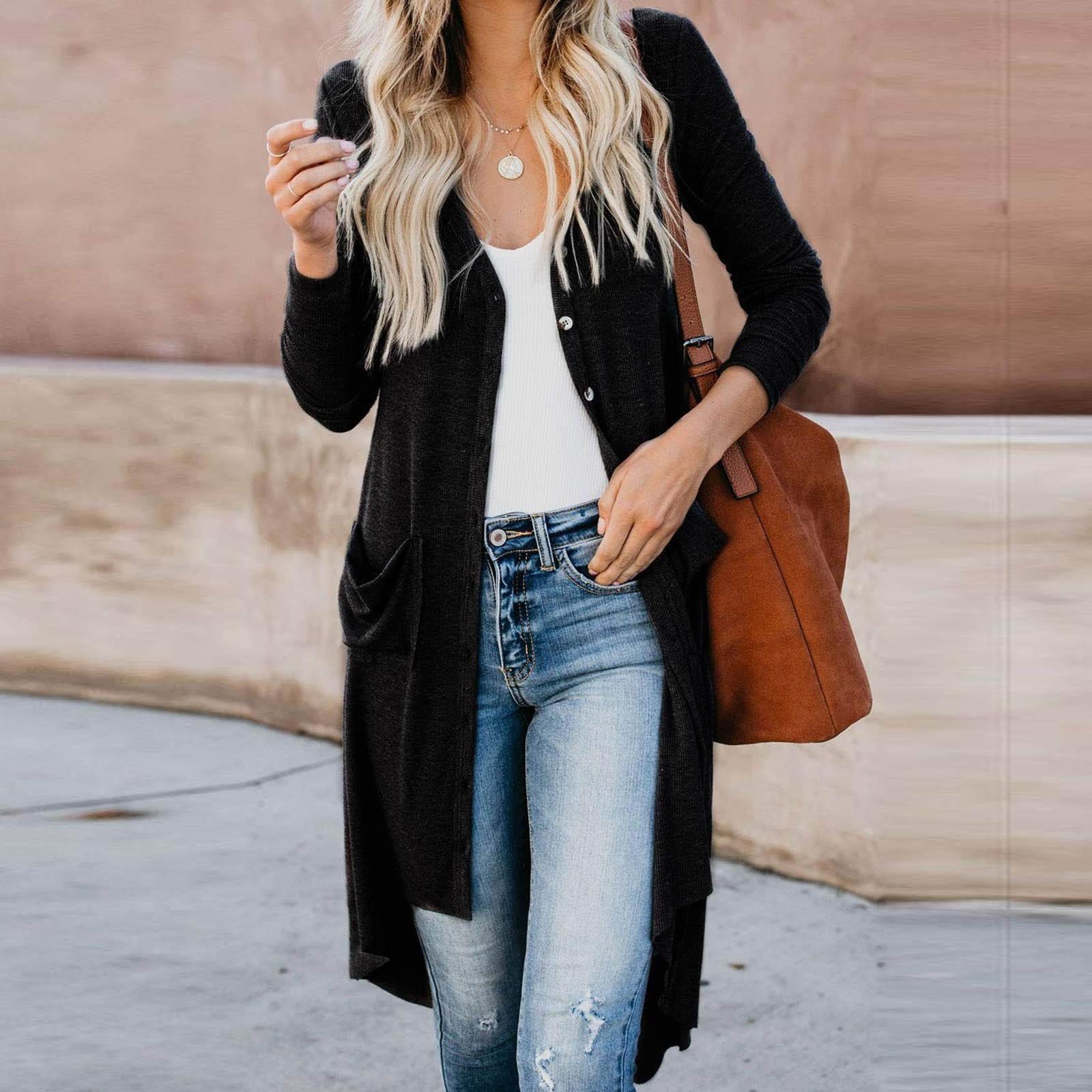 

Женская мода с длинным рукавом повседневное длинное пальто-кардиган женское пальто S чёрный