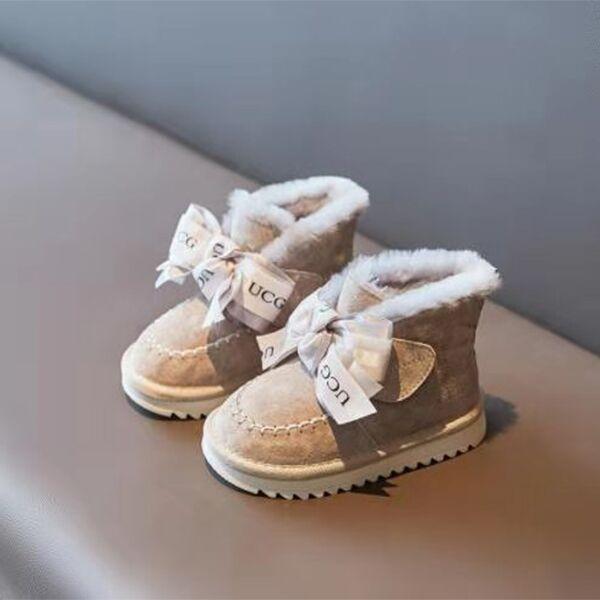 Girls' Fleece Snow Boots and Winter Children's Thickened Bow Princess Ankle Boots