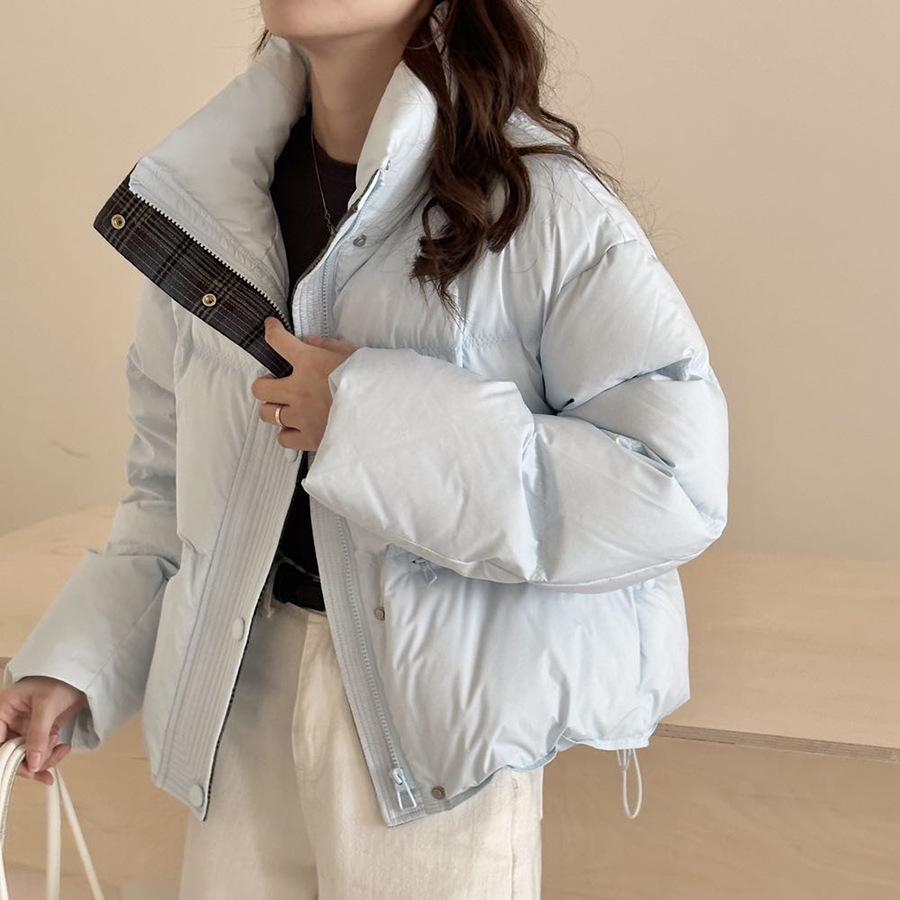 Woolen splicing white duck down stand-up collar windproof zipper short thickened warm down jacket women's winter