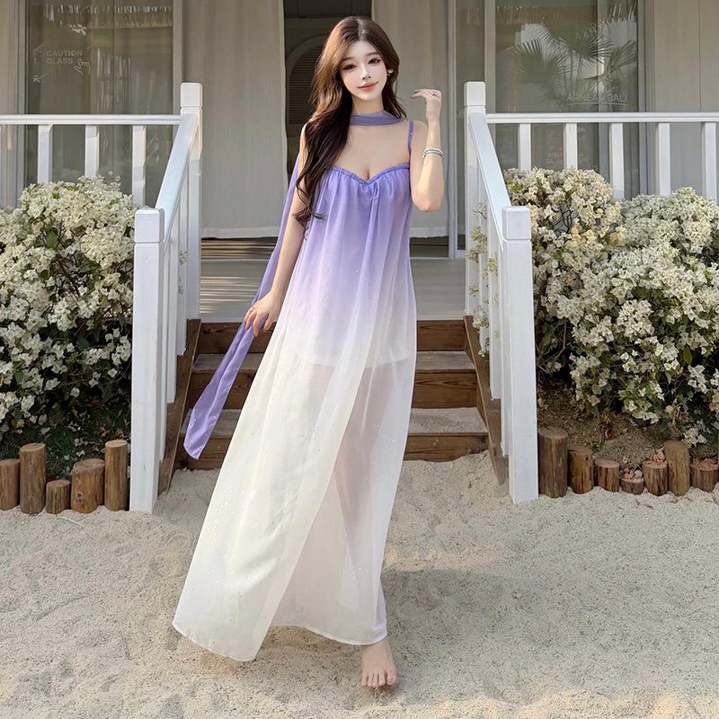 Summer new French romantic Ou Ruo purple gradual change tube top super fairy long dress