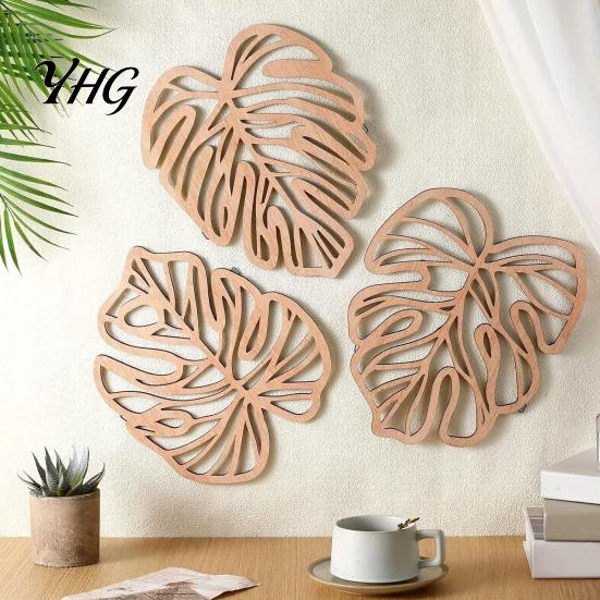 Monstera Leaf Wall Hanging 3Pcs Hollow Decoration, Wooden Tropical Art Plaque, Decorative Retro Ornament Sculpture with Hook for Living Room
