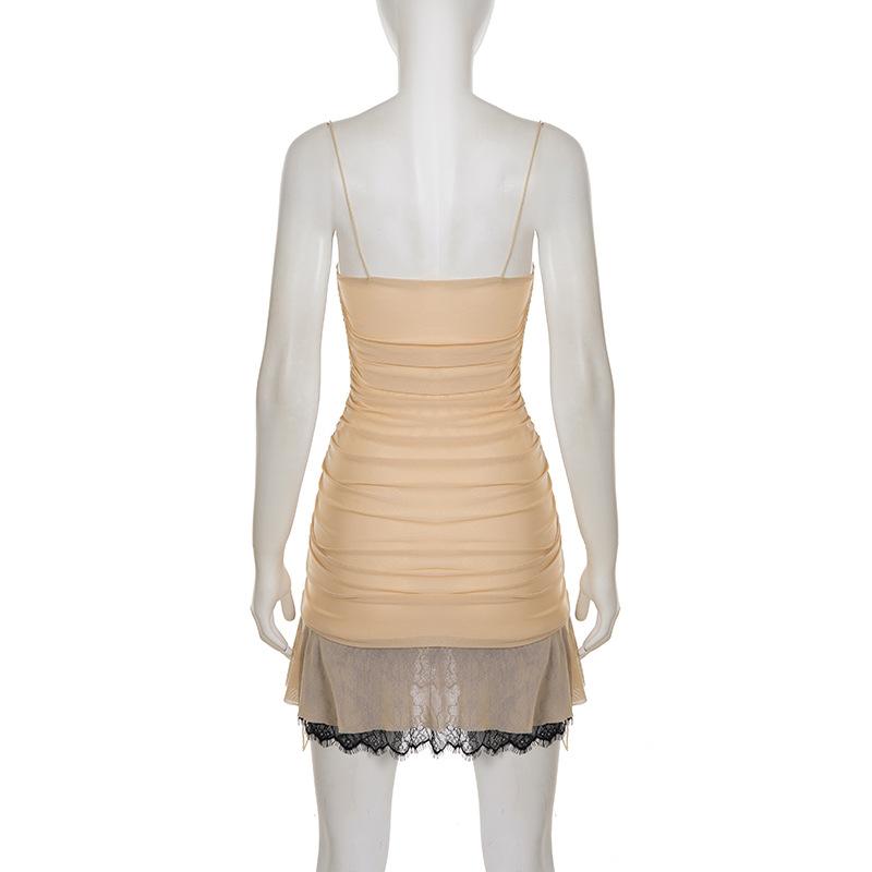 2026 Lace Spaghetti Strap Dress Women Summer Pleated Drawstring Sexy Plunge Mini Dress Slim Hot Girl Club Party Dresses