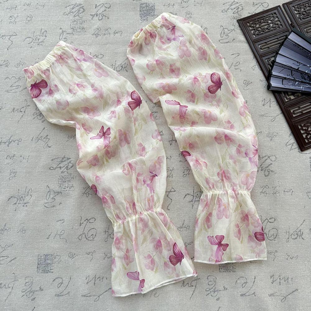 Flower Chinese Style Sleeves Elastic Cycling Gloves Thin Chiffon Sunscreen Arm Covers  Women
