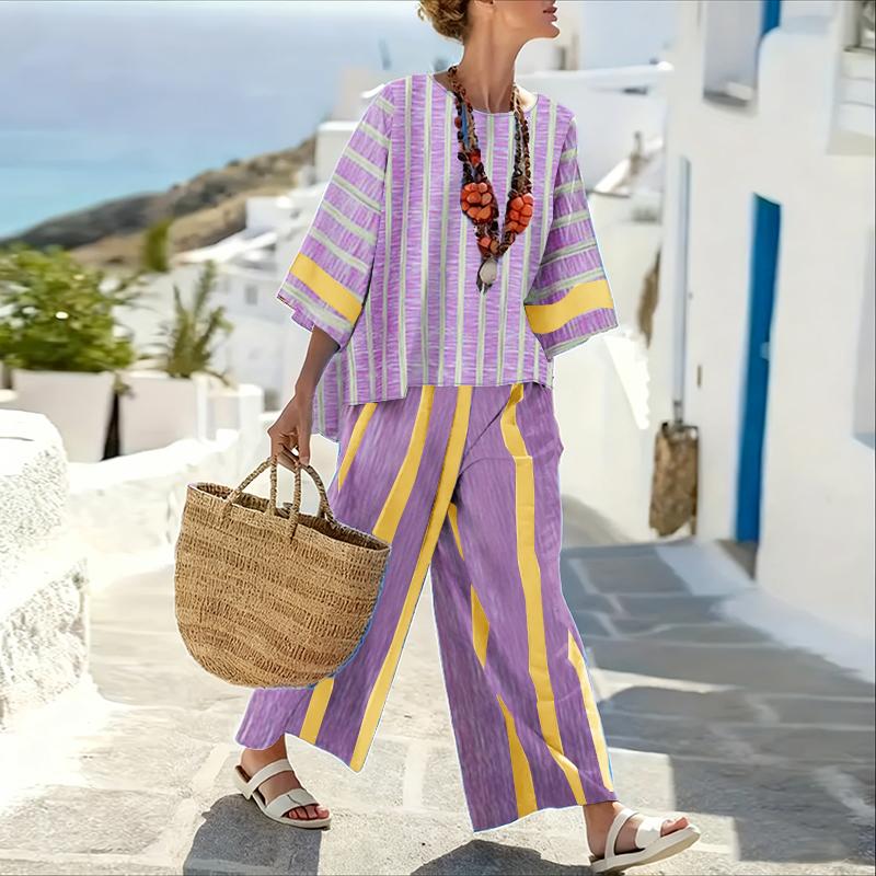 

ZANZEA Women 3/4 Sleeve Blouse and Pants Summer Two Piece Stripe Suit Sets 3XL фіолетовий