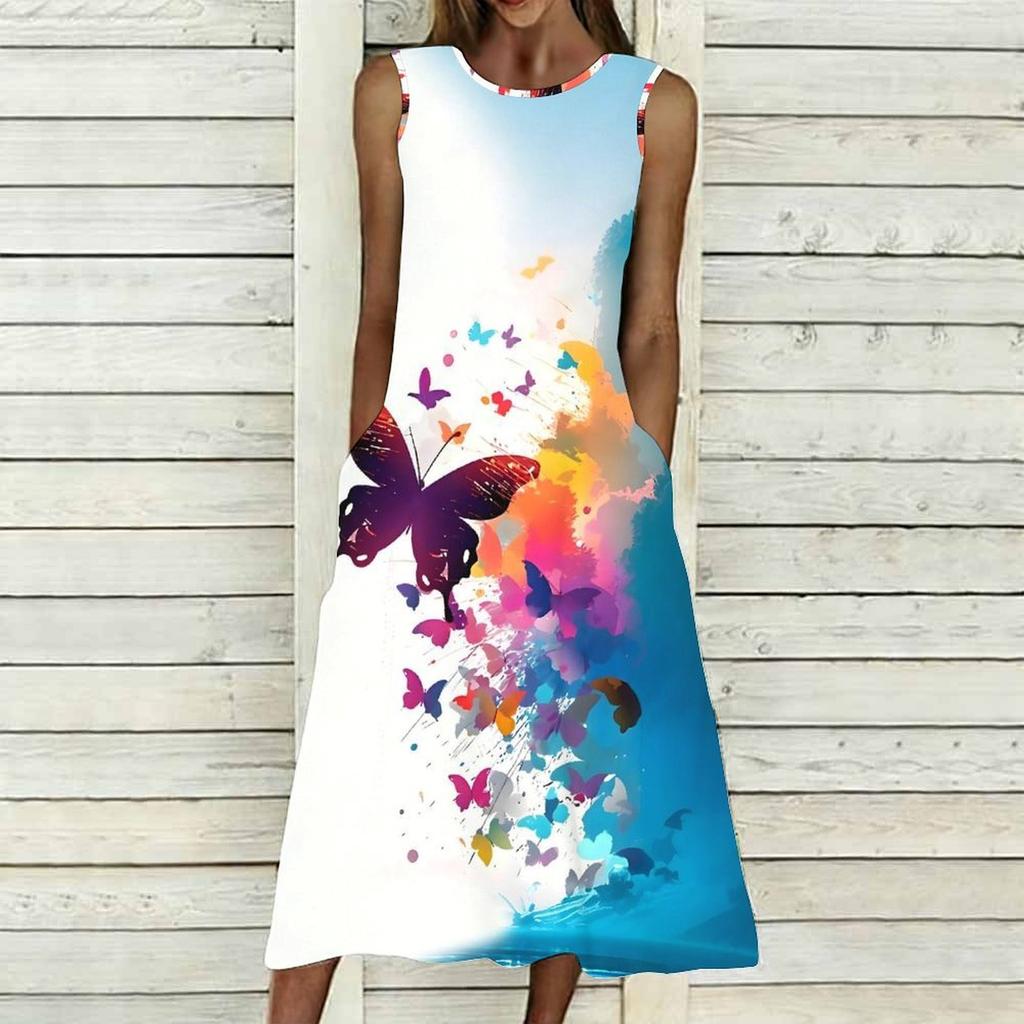Women Loose Sleeveless Round Neck Dress Elegant Watercolor Floral Branches Calf Length Gown