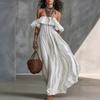 Fashion Vacation Flowy White Striped Maxi Dress One Shoulder Short Sleeve Loose Waist 2026