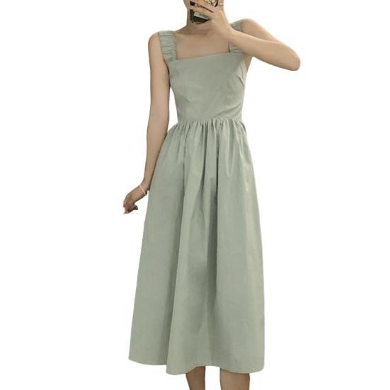 

Платье летнее однотонное без рукавов с квадратным вырезом, приталенное по талии, милое, на эластичных бретелях, расклешенное к низу, на бретелях, уличная одежда S зелёный