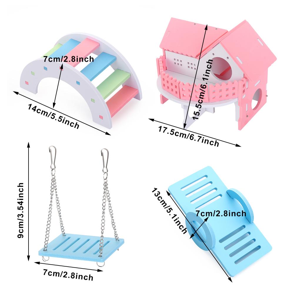 Conjunto de brinquedos para hamster inclui casa de hamster de madeira para pequenos animais, gerbil hamster, ponte arco-íris, brinquedo de gangorra, milho para mastigar