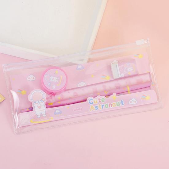 6Pcs/Set Kids Cartoon Stationery Set with 2 Pencils Eraser Sharpener Ruler Transparent Case Students School Supplies Classroom Prizes Gifts