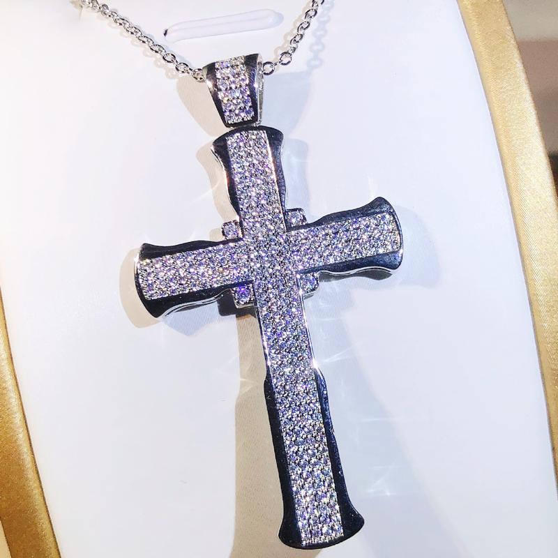 Unique Luxury Jewelry 925 Sterling Silver Cross Pendant Lucky Princess AAAAA+ Cubic Zirconia CZ Party Women Wedding Necklace