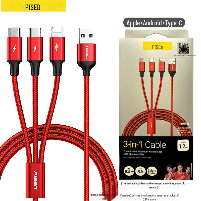 PISEN 3-in-1 Braided Aluminum Alloy Data Cable for Apple/Android/Type-C Devices