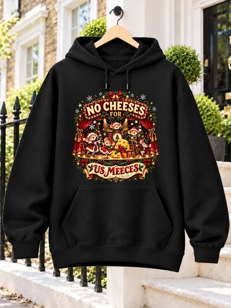 No Cheeses for Us Meeces Christmas Mice with Cheese Gifts And Festive Curtains in a Detailed Front Print Unisex Hoodie