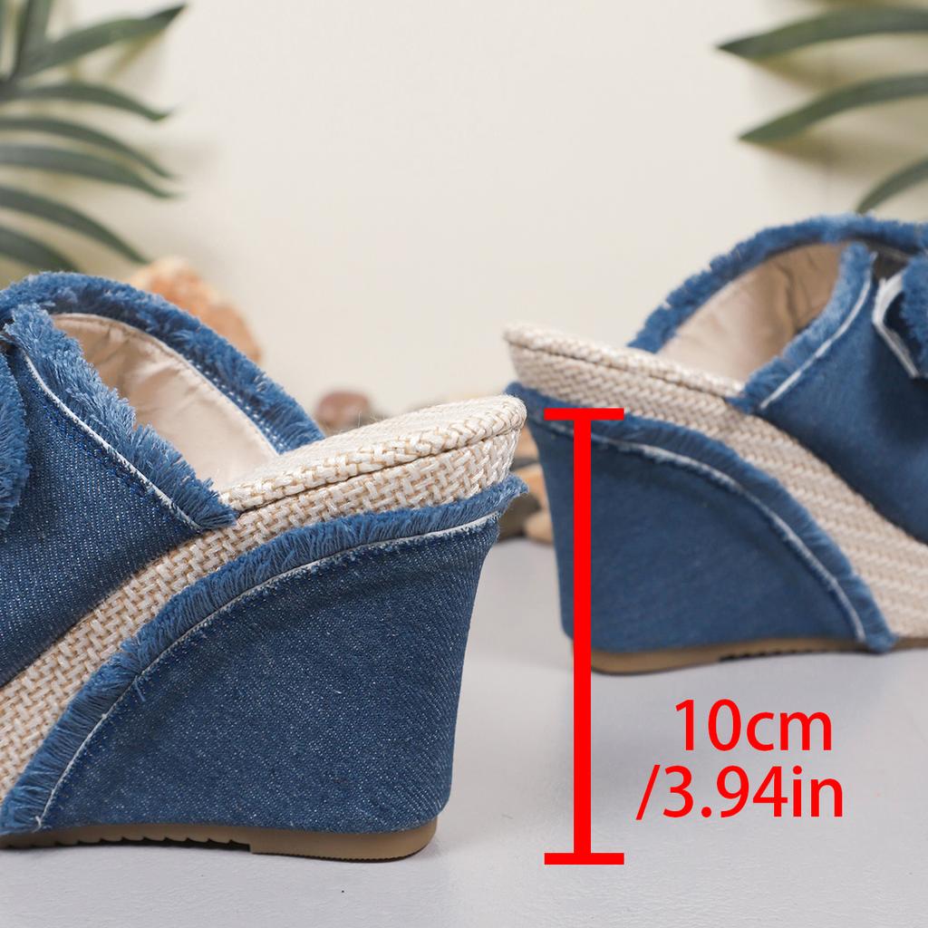 Fashion 10CM Wedges Heel Platform Womens Sandals Summe Straw Weaving Thick Sole Denim Slippers Fashion Casual Double Buckle Strap Slides