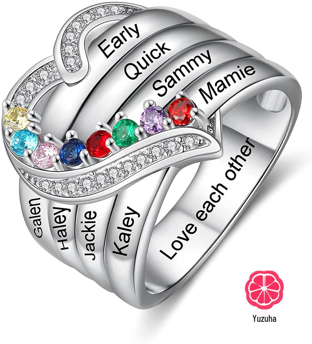 

12-Color Birthstone Heart Ring with Engraved Family Names - Perfect for Mother s Day & Christmas Inner Band Engraving
