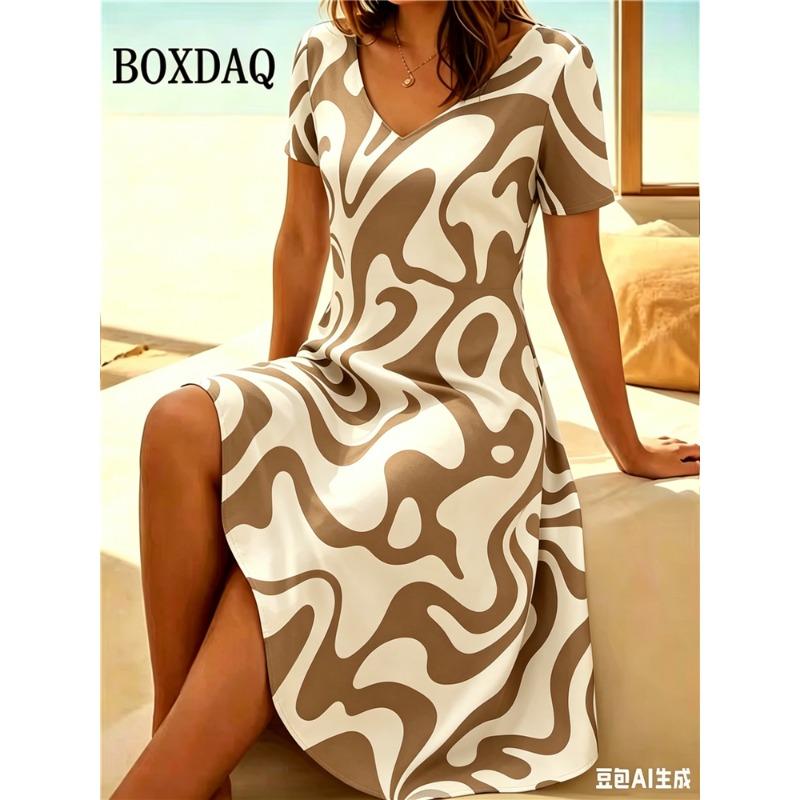 New Women's Short Sleeve V Neck Dress Casual Abstract Painting Pattern Home Dress Summer Fashion Plus Size A Line Dress