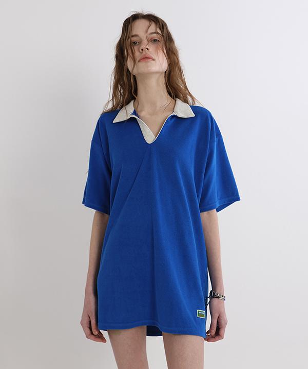 GREENBUTTER Terry Open-Collar Dress (Cobalt)