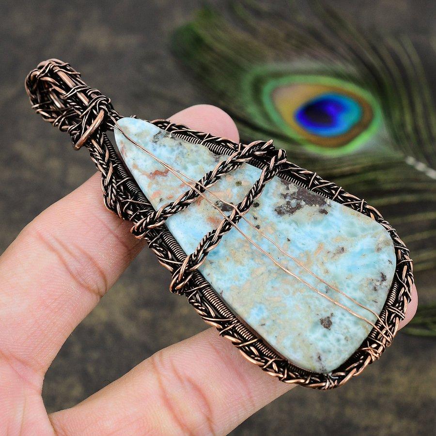 Natural Caribbean Larimar Gemstone Copper Wire Wrap Gift Pendant 4.02 H0m42