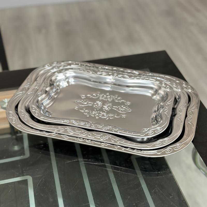 3pcs Elegant Stainless Steel Serving Tray Set Retro Dessert Breakfast Trays Decor Plate with Floral for Serving Drinks and Snack