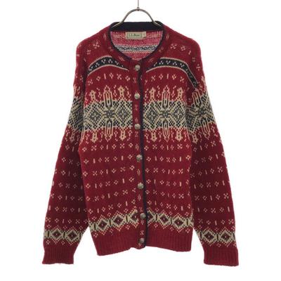 80s Made In USA Wool Blend Vintage Nordic Pattern Long Sleeve Crew Neck Knit Cardigan Women Used