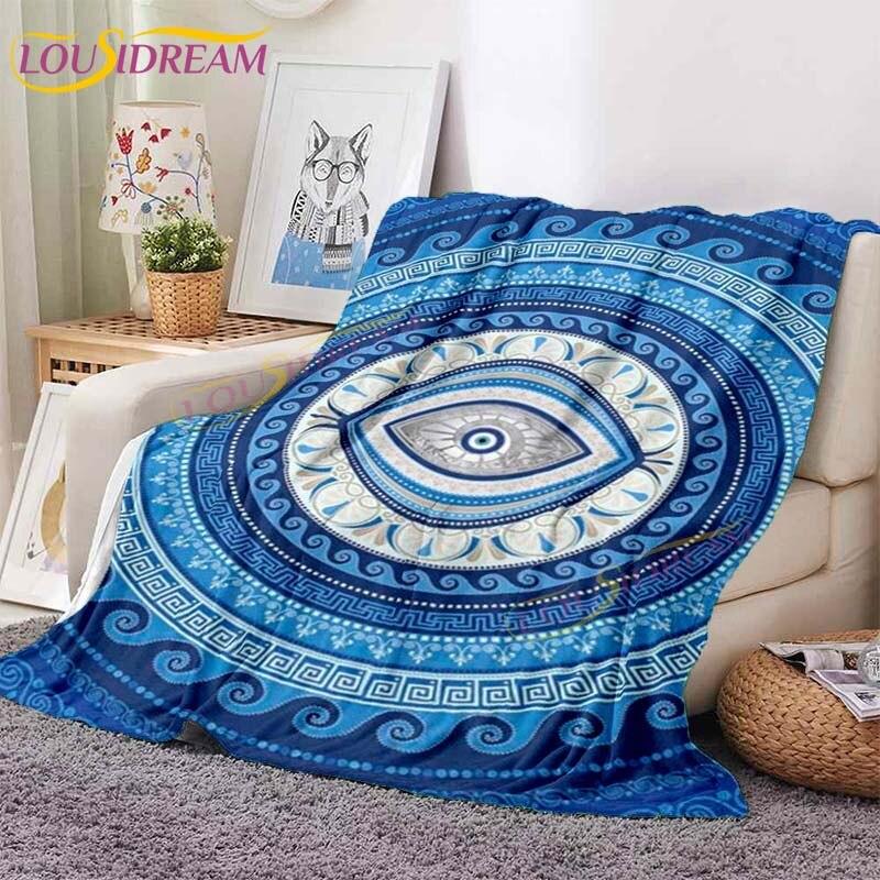 Evil Eye Blanket Turkish Nazar Spiritual Art Blanket Vintage Mid Century Flannel Blanket Sofa Chair Throw Blanket Travel Blanket