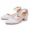High Heels Shoes Slip on Women Sandals Wedding Pumps PU 4CM Square Heel Pointed Hollow Shallow Mouth White Lace Mesh Women Shoes