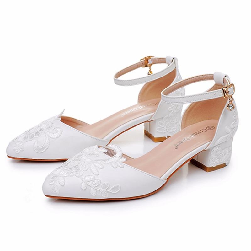 High Heels Shoes Slip on Women Sandals Wedding Pumps PU 4CM Square Heel Pointed Hollow Shallow Mouth White Lace Mesh Women Shoes