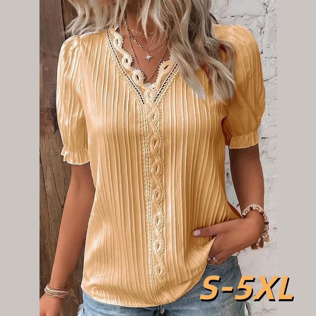 Summer Vacation Fashion Hollow V-neck Lace Short-sleeved Women's Shirt
