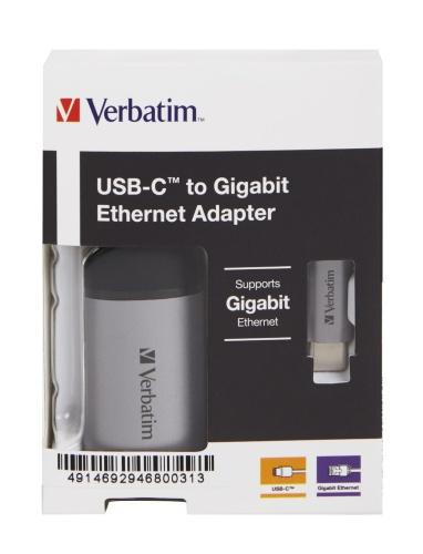 Verbatim 49146 USB-C to Gigabit Ethernet Adapter, USB 3.1 GEN 1, Gigabit Ethernet, Grey/Black