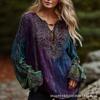 Women's 3D Print Retro V-neck Long-sleeve Pullover Top