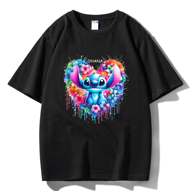 

M03 MINISO 2026 Summer Men Women Ohana Heart Print Oversized T-shirt Casual Cotton Tee XS чёрный
