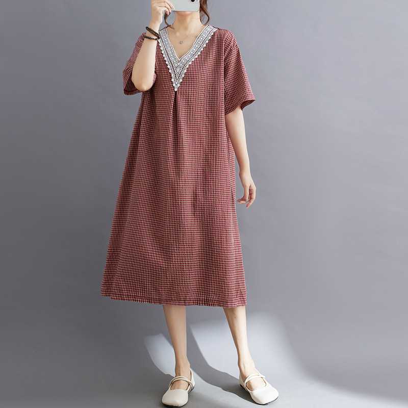 Summer Retro Cotton Linen Lace Cotton Linen Plaid Dress