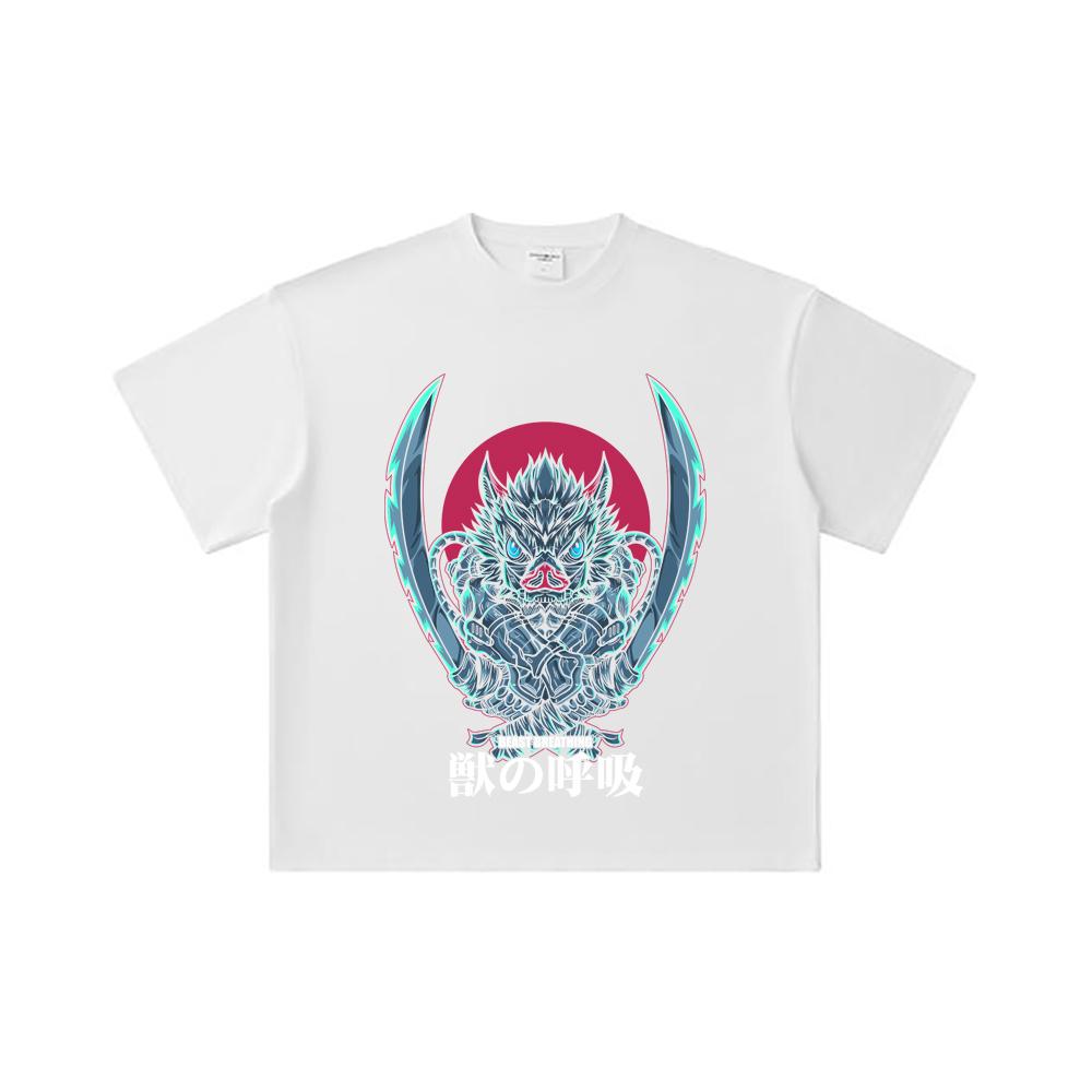 260 GSM Double Yarn 32 Count 100% Cotton Demon Slayer V29 Inosuke Print Unisex Heavy Cotton T Shirt