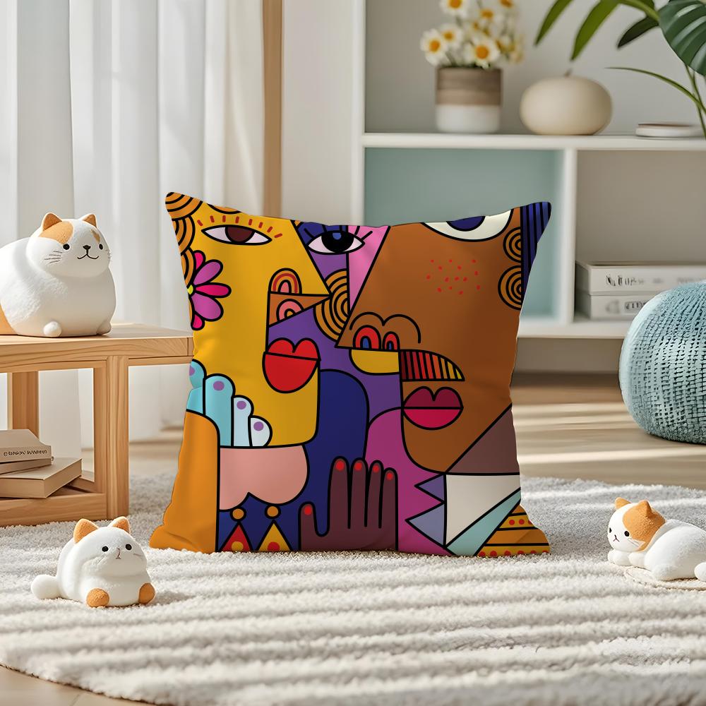 Colorful Abstract Faces Pillow Case Silky elegant Comfort Sofa Bed Invisible zipper