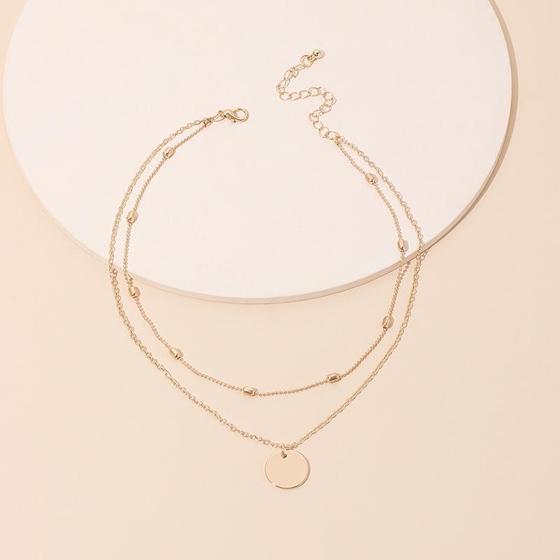 Trendy Vintage Round Pendant Necklace for Women Double Layer Beads Chain Chokers Necklace Golden Collar Jewelry Girls Gift