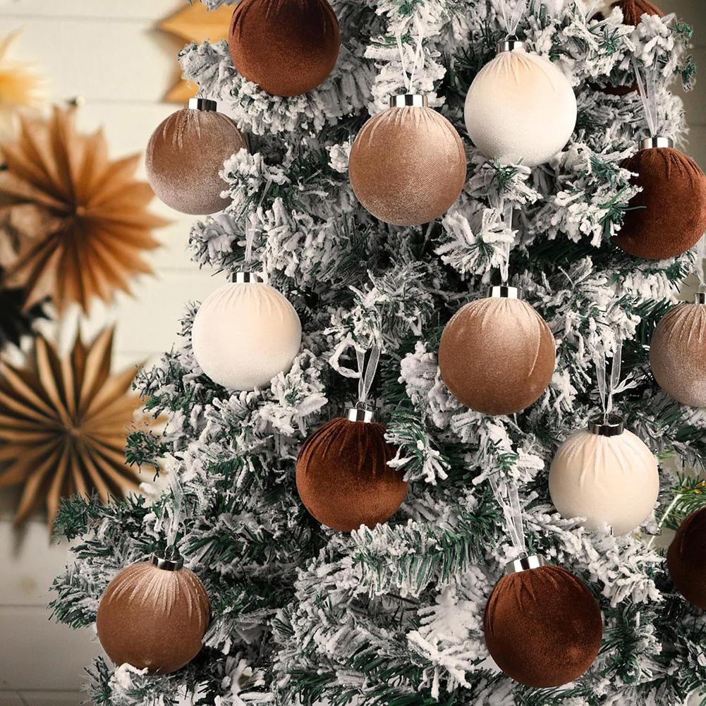 15 Shatterproof Brown Velvet Christmas Tree Ornaments with Silk Ribbon and Pleated Finish for Seasonal Holiday Decoration