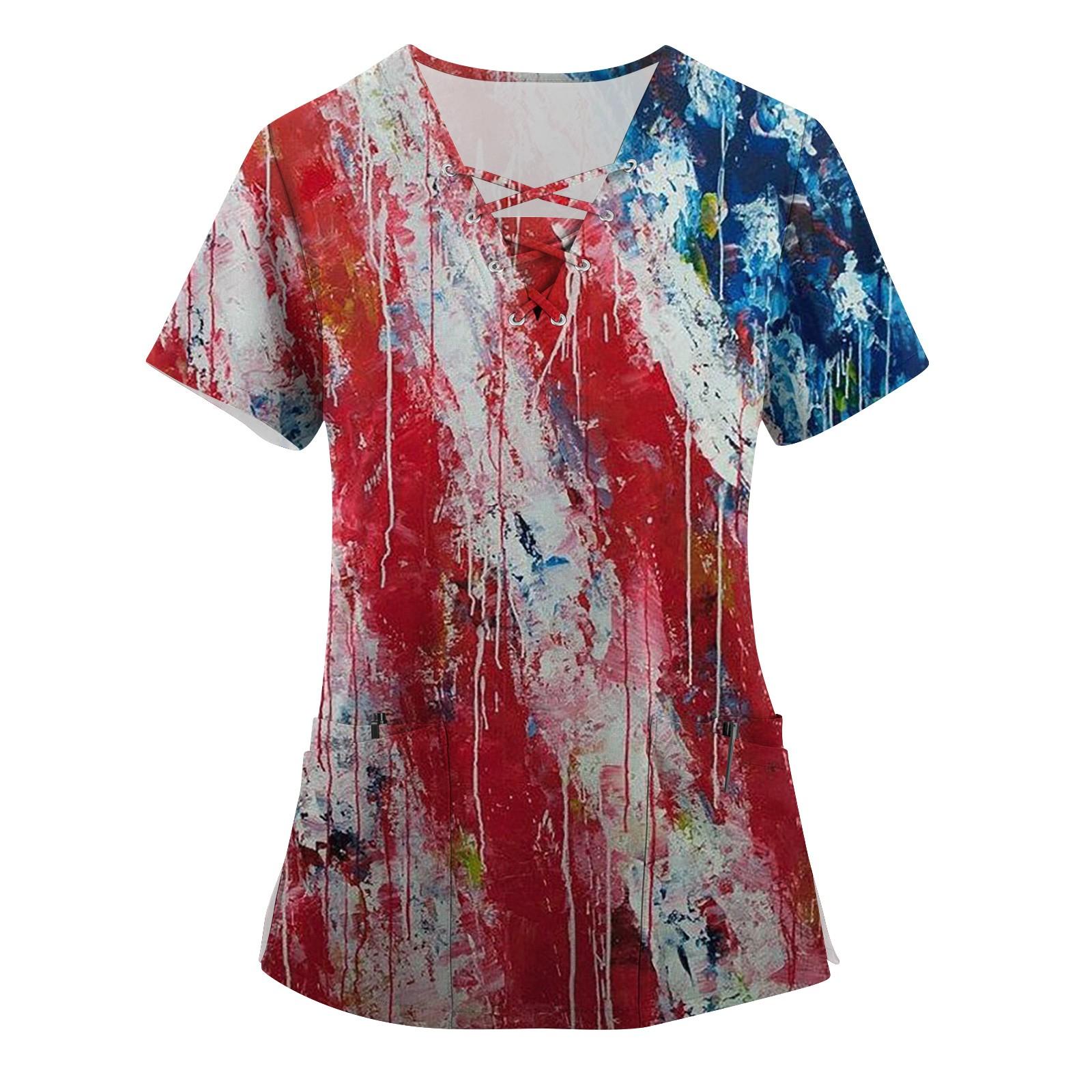 

Плюс размер скраб с принтом Рабочая форма Топы для женщин Крест V-образным вырезом Форальный принт с короткими рукавами Забавные футболки Спецодежда Футболка с карманами XL винный