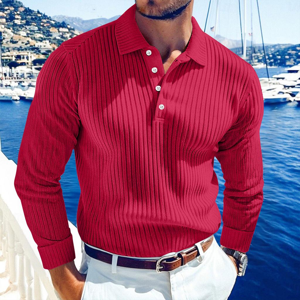 Men's Solid Color Vertical Stripes Sports Button Lapel Long Sleeve Tops Men's Casual Fashion Long Sleeve Tops