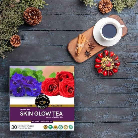 TEACURRY Skin Glow arbata (1 mėnesio paketas | 30 arbatos pakelių) - Pagalba odos blizgesiui, drėkinama oda, spuogai, stabdantis senėjimą, 100 gramų
